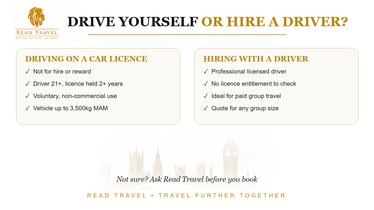 Comparison of driving a minibus on a car licence and hiring a minibus with a driver in the UK