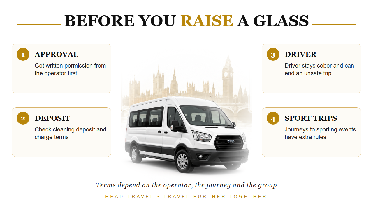 Four checks before drinking on a hired minibus: approval, deposit, driver and sporting-event rules
