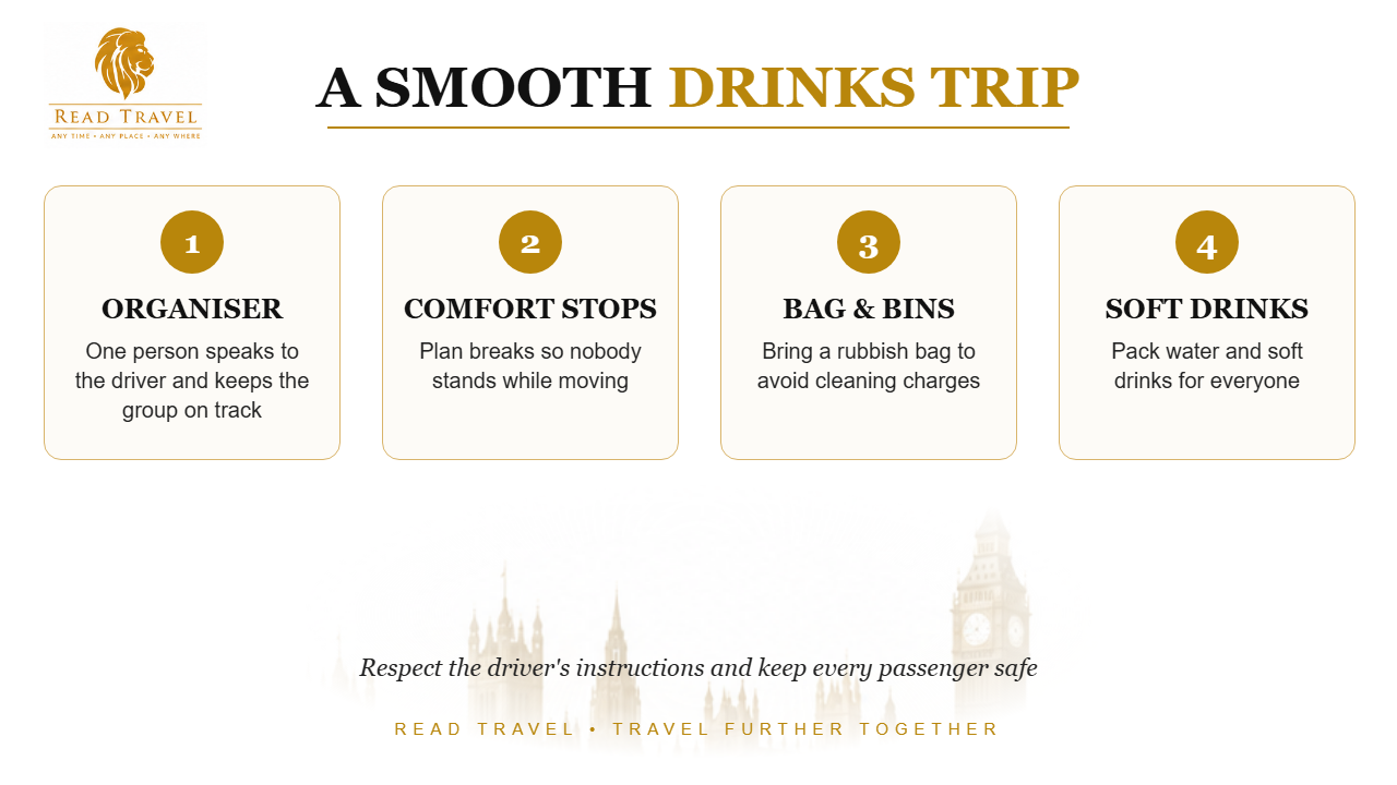 Four tips for a smooth drinks trip on a privately hired minibus: organiser, comfort stops, bags and bins, soft drinks